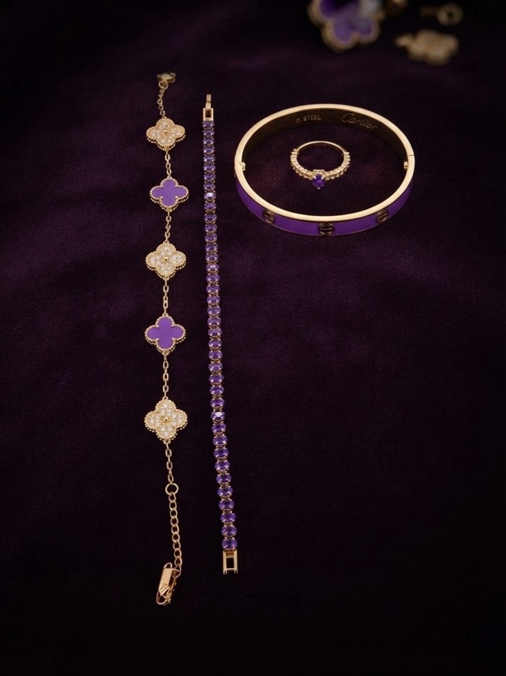18K Gold-Plated Purple & Clover Jewelry Set